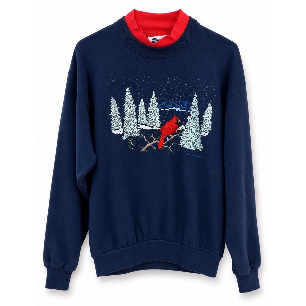 VTG Pleasant Shade Cardinal Embroidered Sweatshirt Made USA Winter Bird Medium